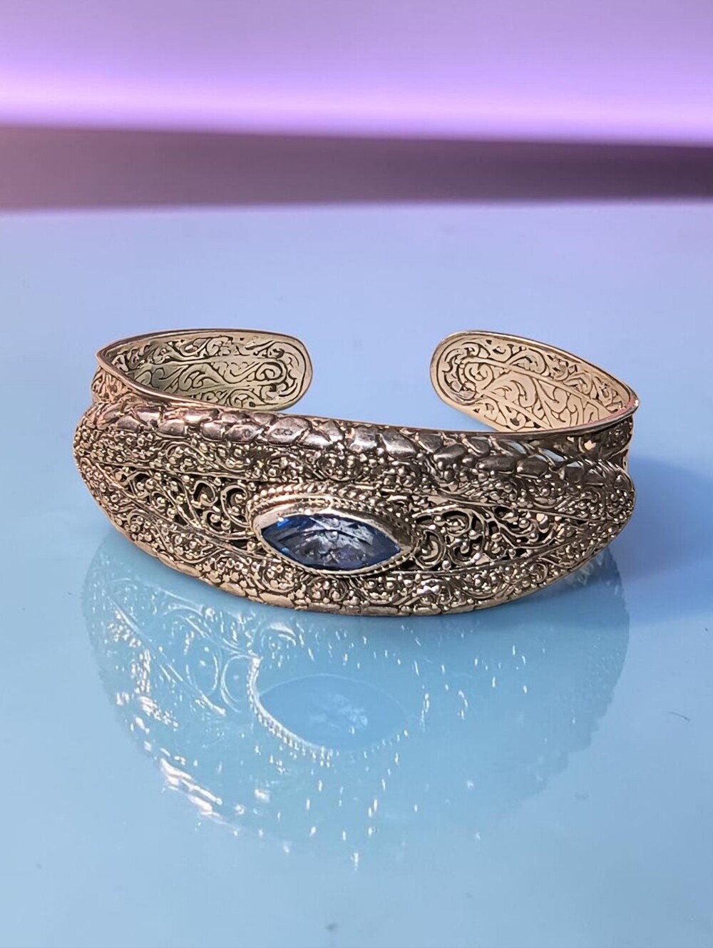 Sarda Bali Sterling Silver Filigree Cuff Bracelet with Blue Stone